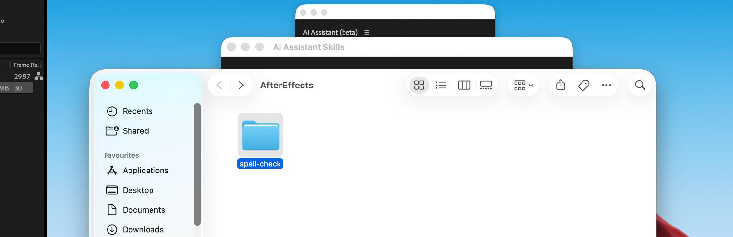 Finder window open to the AfterEffects folder, containing a single folder named spell-check, in front of the AI Assistant Skills dialog and AI Assistant panel.