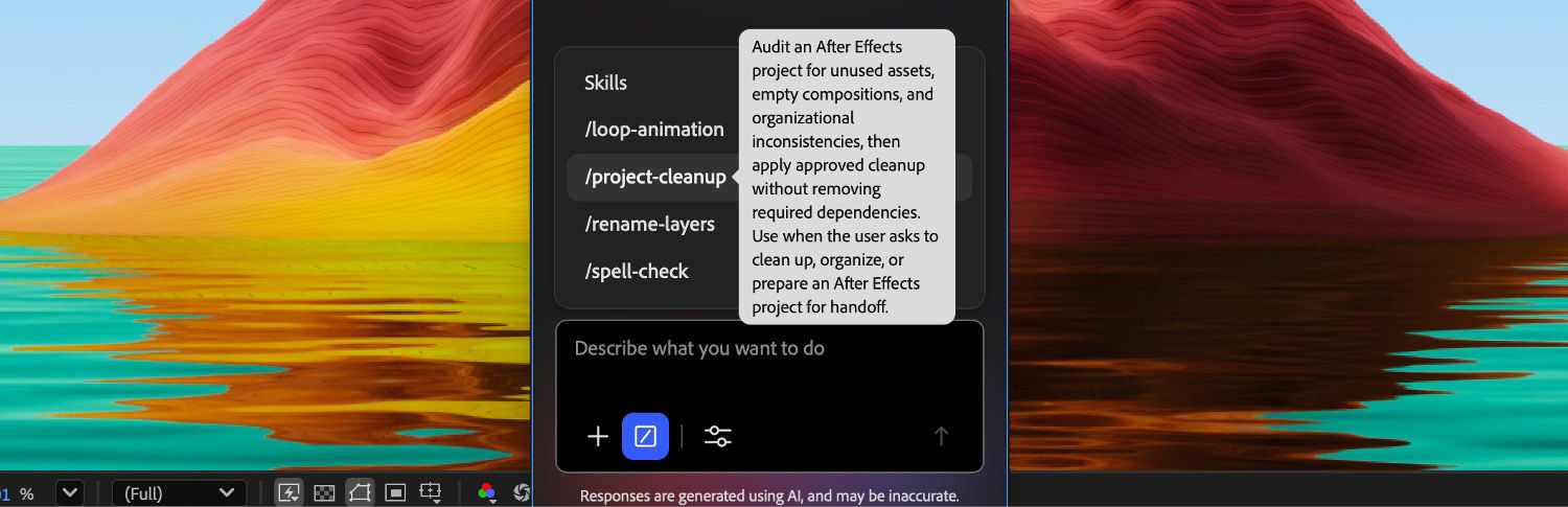 AI Assistant panel with the Skills menu open and a tooltip on /project-cleanup describing how it audits a project.