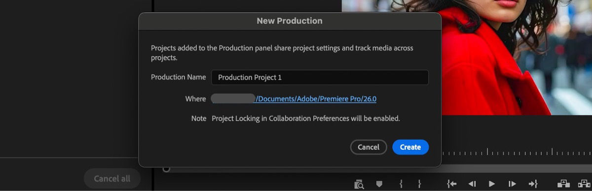 The New Production dialog box is open with the option to specify the name and location for the new Production project.