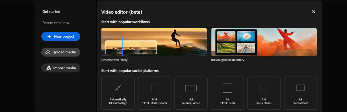 On the Video Editor page, under the Start something new section, there are options to upload media, select from some popular dimensions to get started with, and start a new, empty project. 
