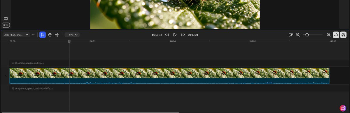 The timeline has a video and there are options to adjust the timeline view, split the clip, and more.