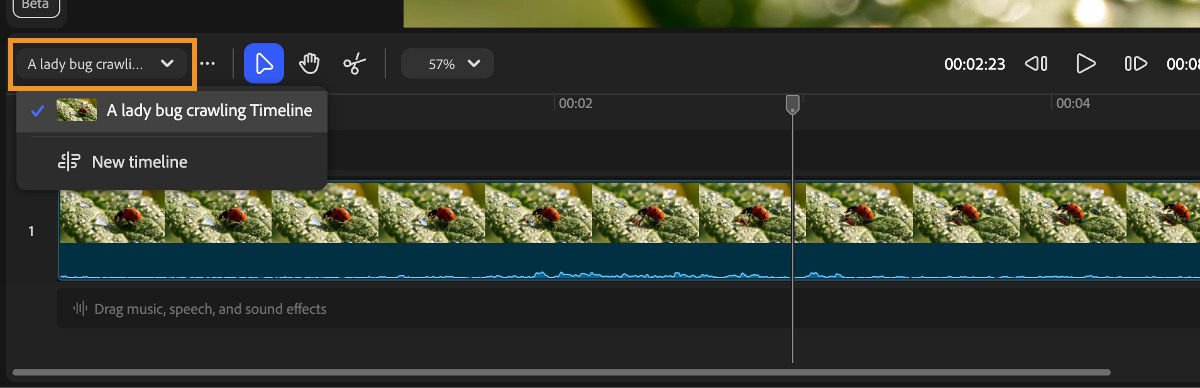 Video Editor displays the expanded hamburger menu, with a highlight over the New timeline option.