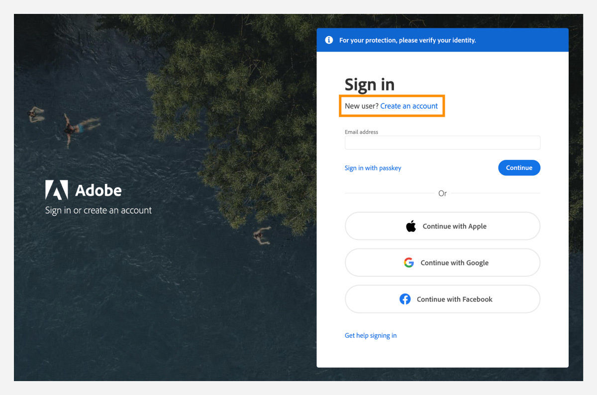 Sign in screen to create your Adobe