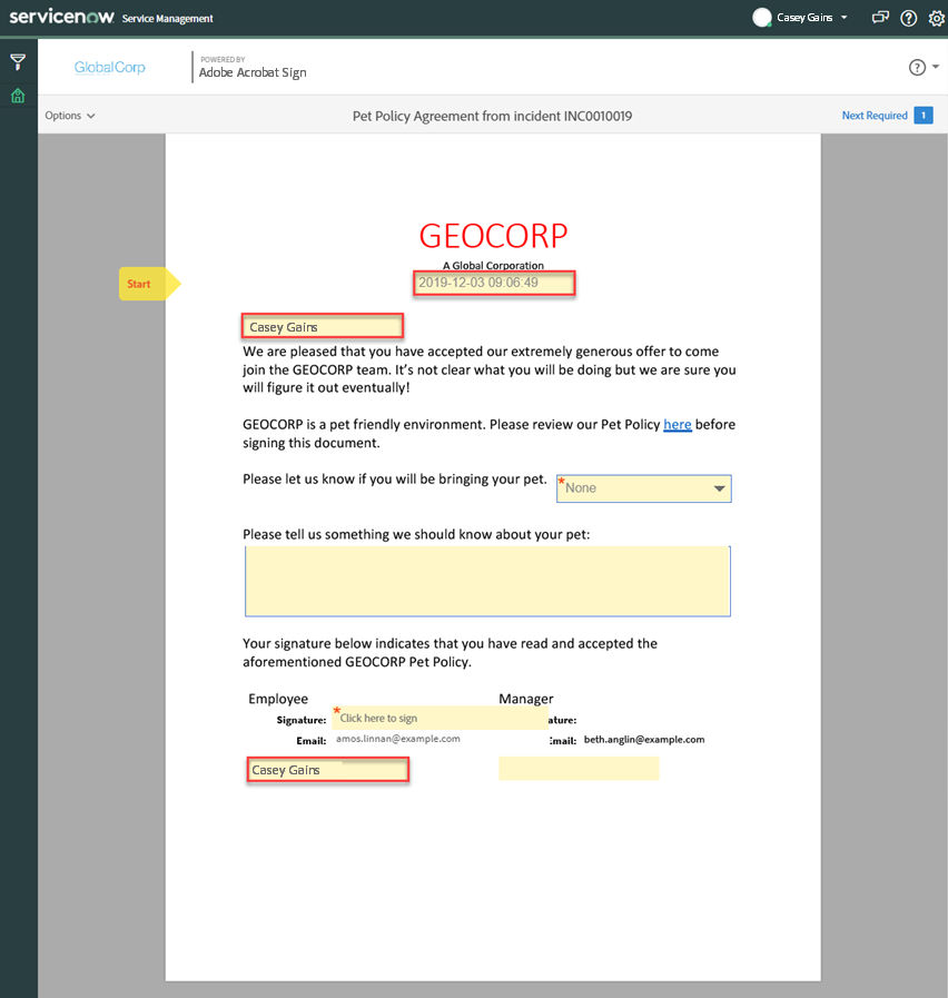 Merge fields auto-populated in an agreement.