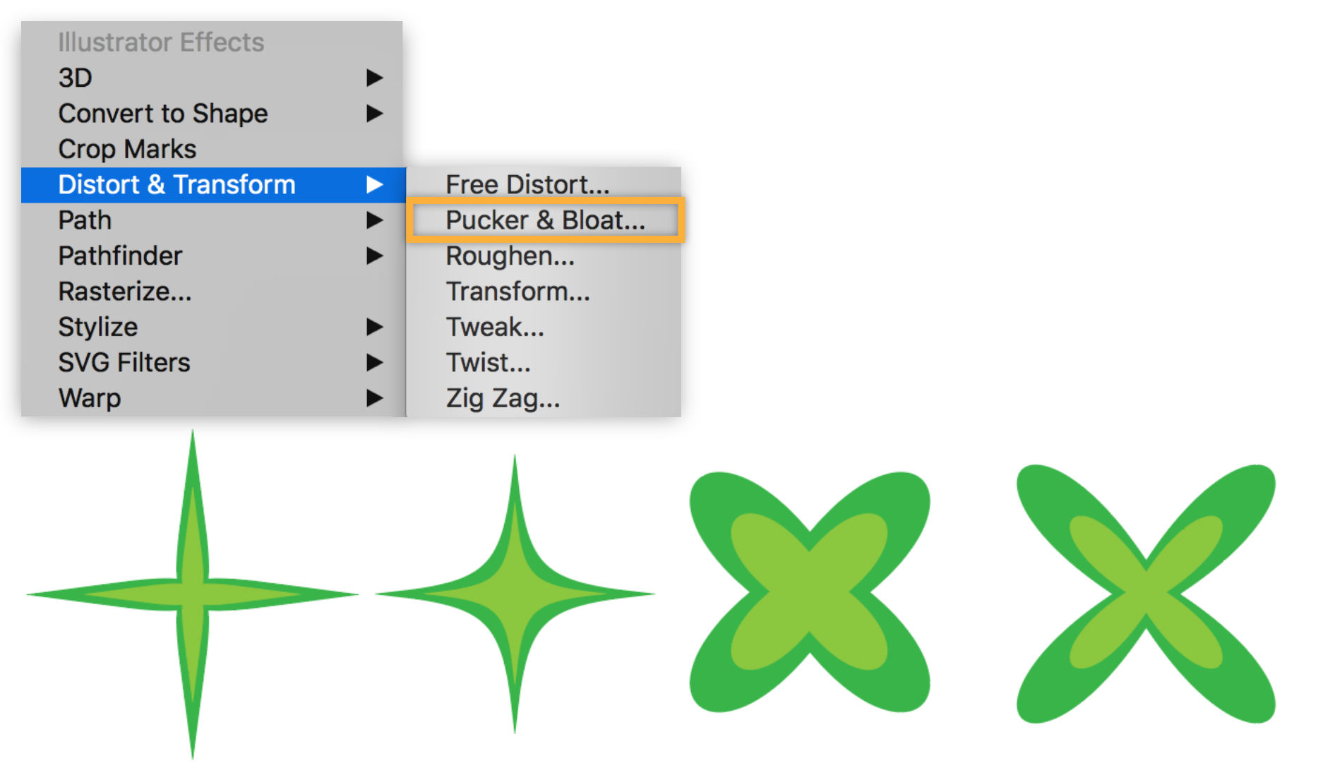 The circles are transformed into four-point stars and four-leaf clovers using Pucker & Bloat in the Distort & Transform menu.