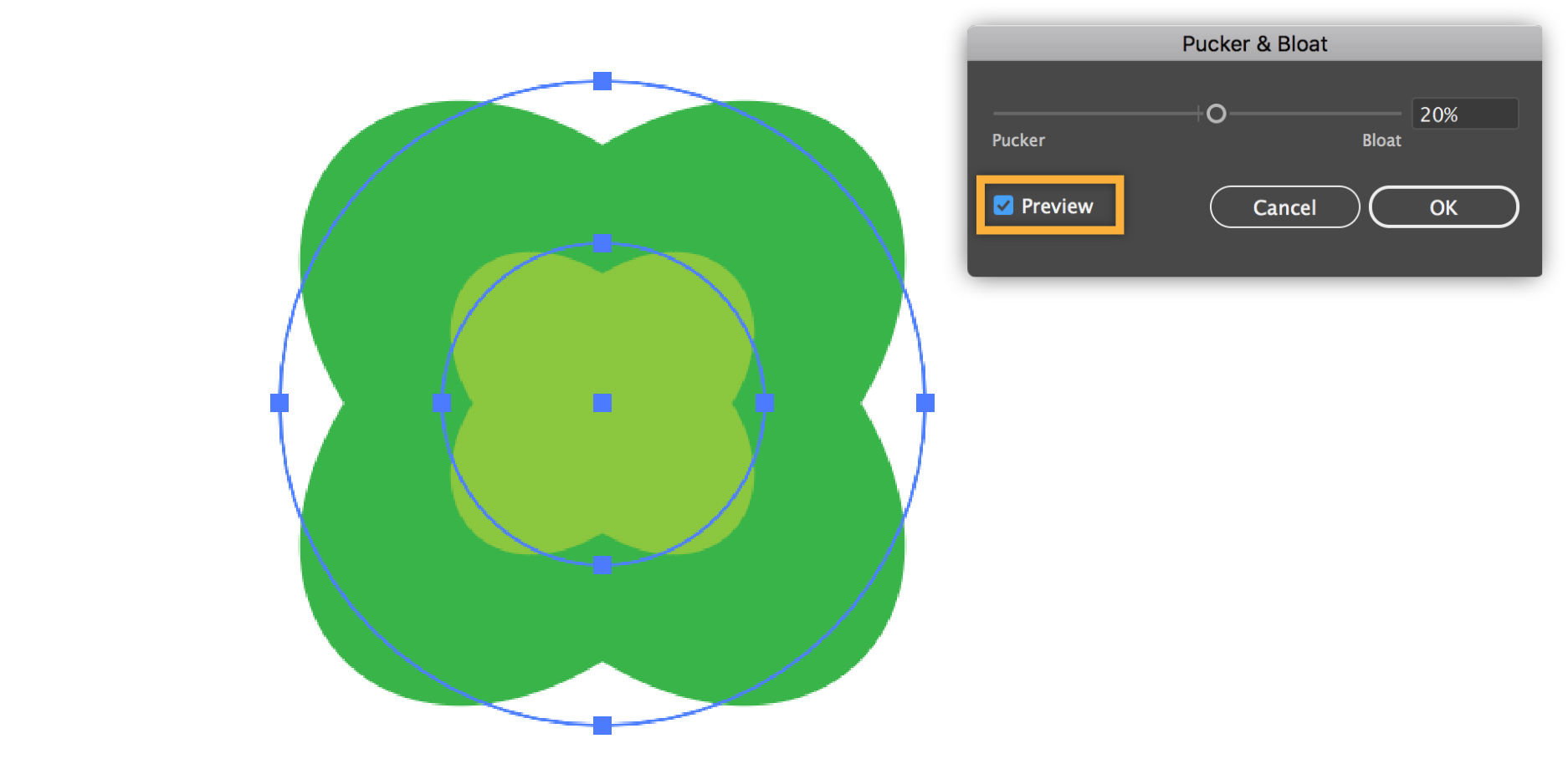 Pucker & Bloat is used to adjust the points on a four-leaf clover.