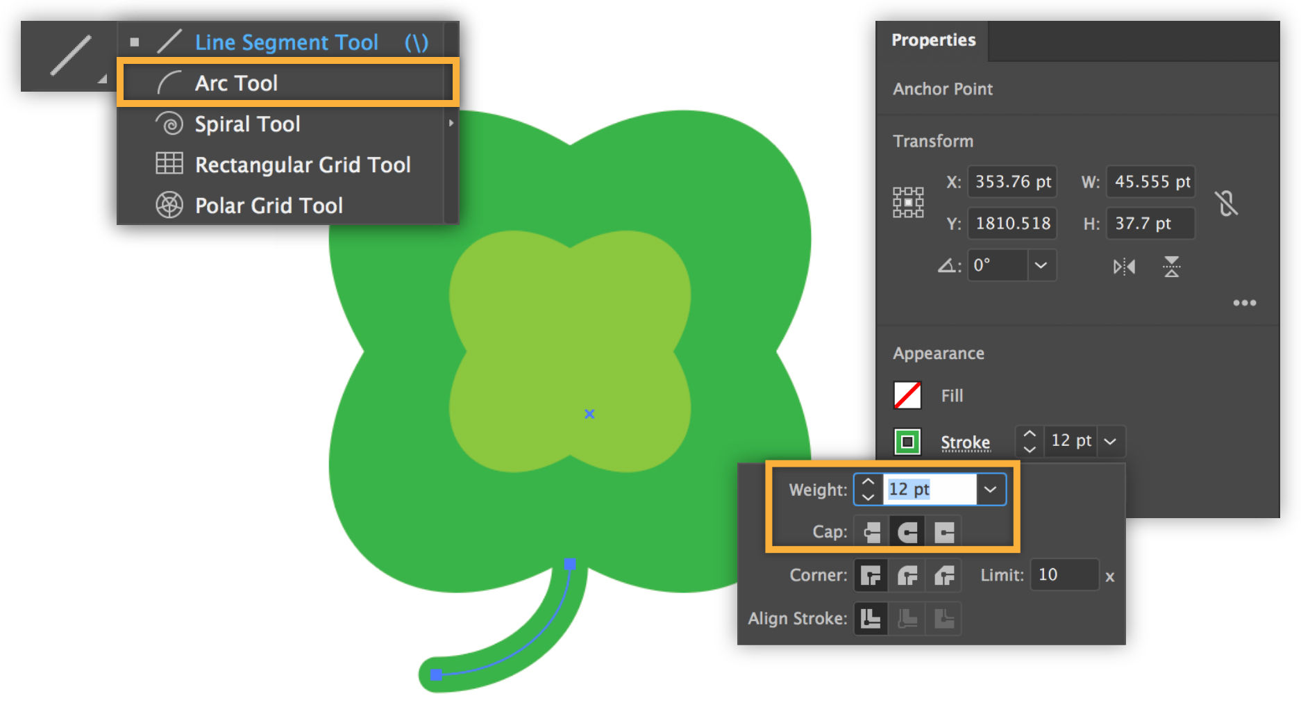 A stem is added to the clover using the Arc tool with no fill and a green stroke. 