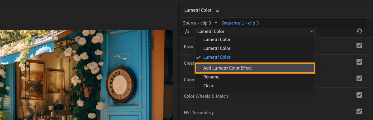 Screenshot of the Lumetri Color panel showing how to add Lumetri Color effects