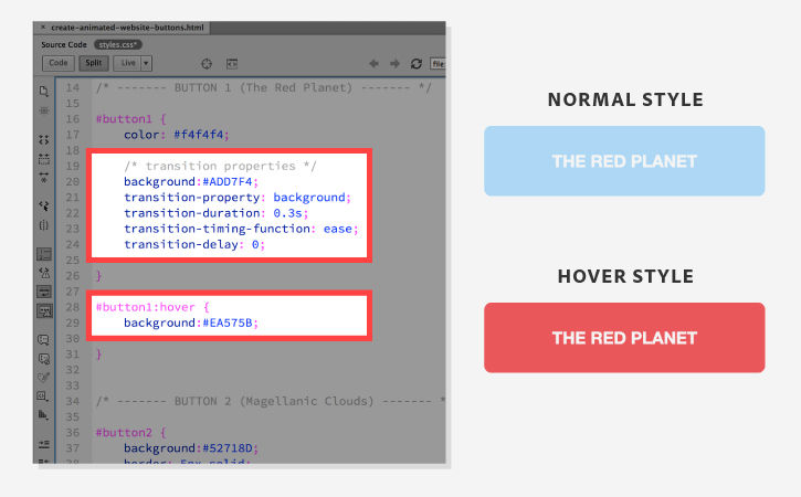 CSS sets blue as the normal button color and red as the hover button color.