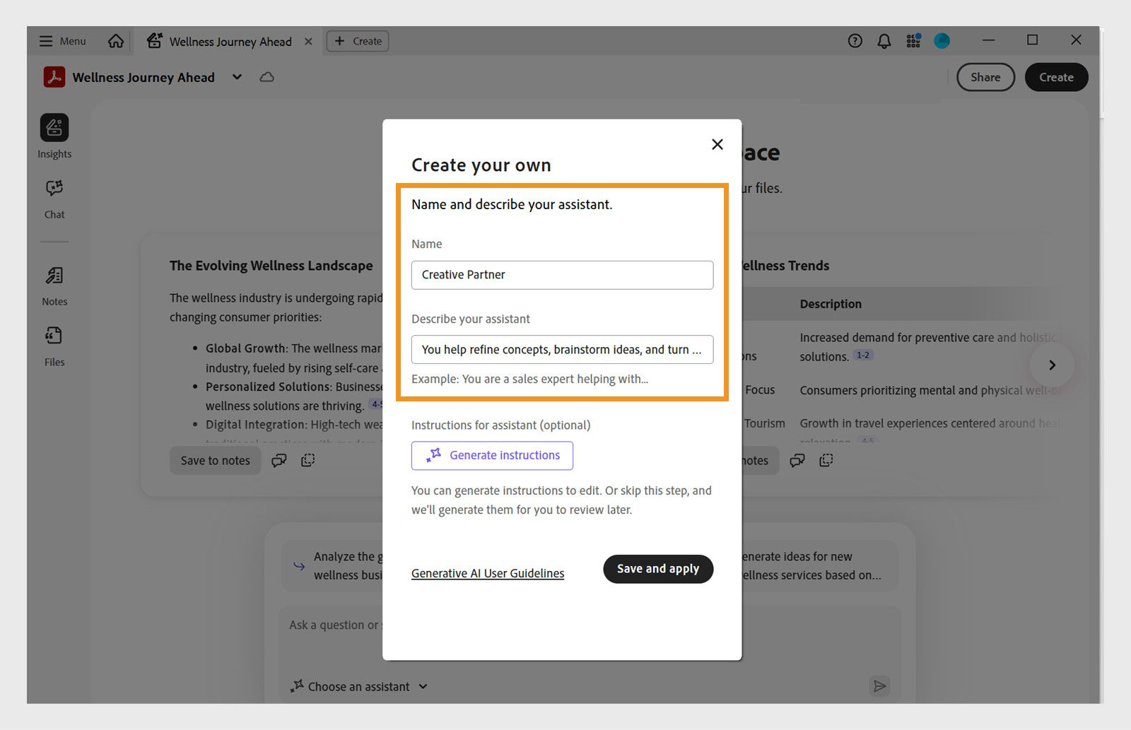 PDF Spaces dialog box for creating a custom assistant with fields to assign name, define goal, and instructions.