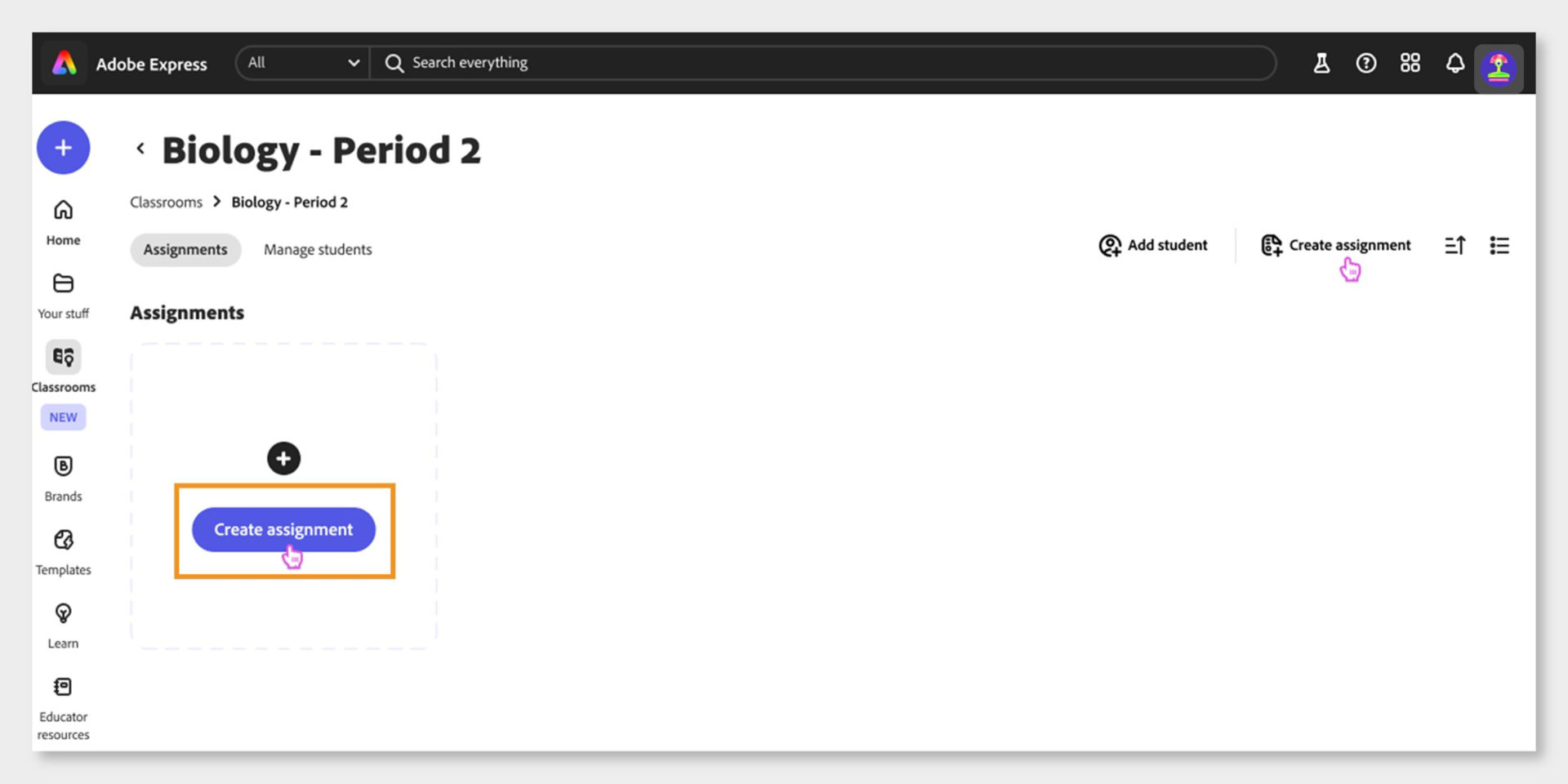    Adobe Express for Education with Classrooms selected in the left panel. There is a classroom open named "Biology -Period 2" and the option to create a new assignment within that classroom.