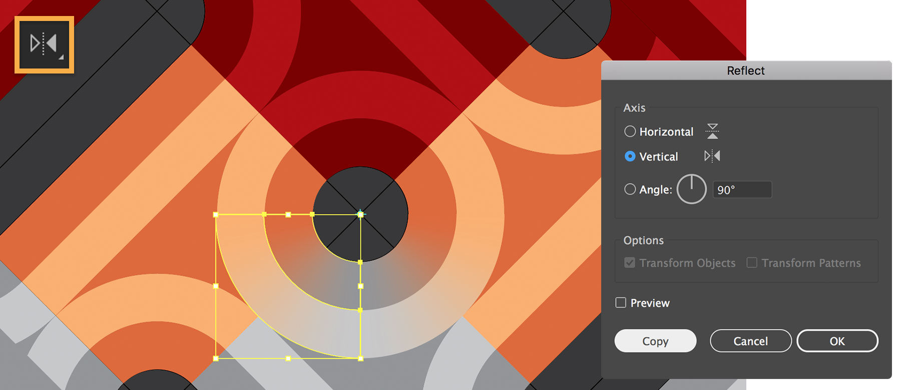 The arcs are reflected on vertical axes to create a gradient-filled half circle.