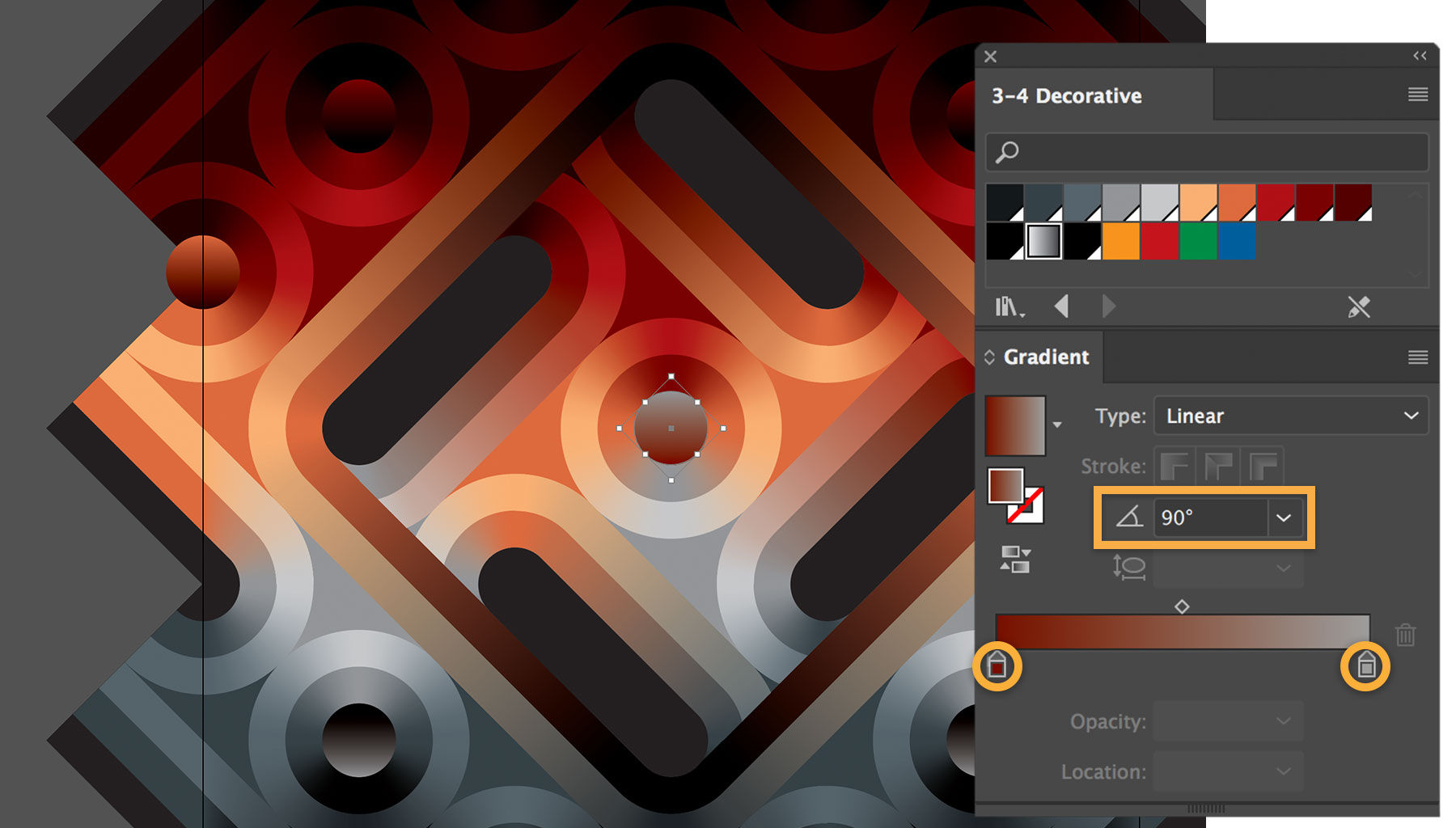 Gradients are reversed for the centers of the circles, and black is added to the centers of elliptical shapes to add depth  