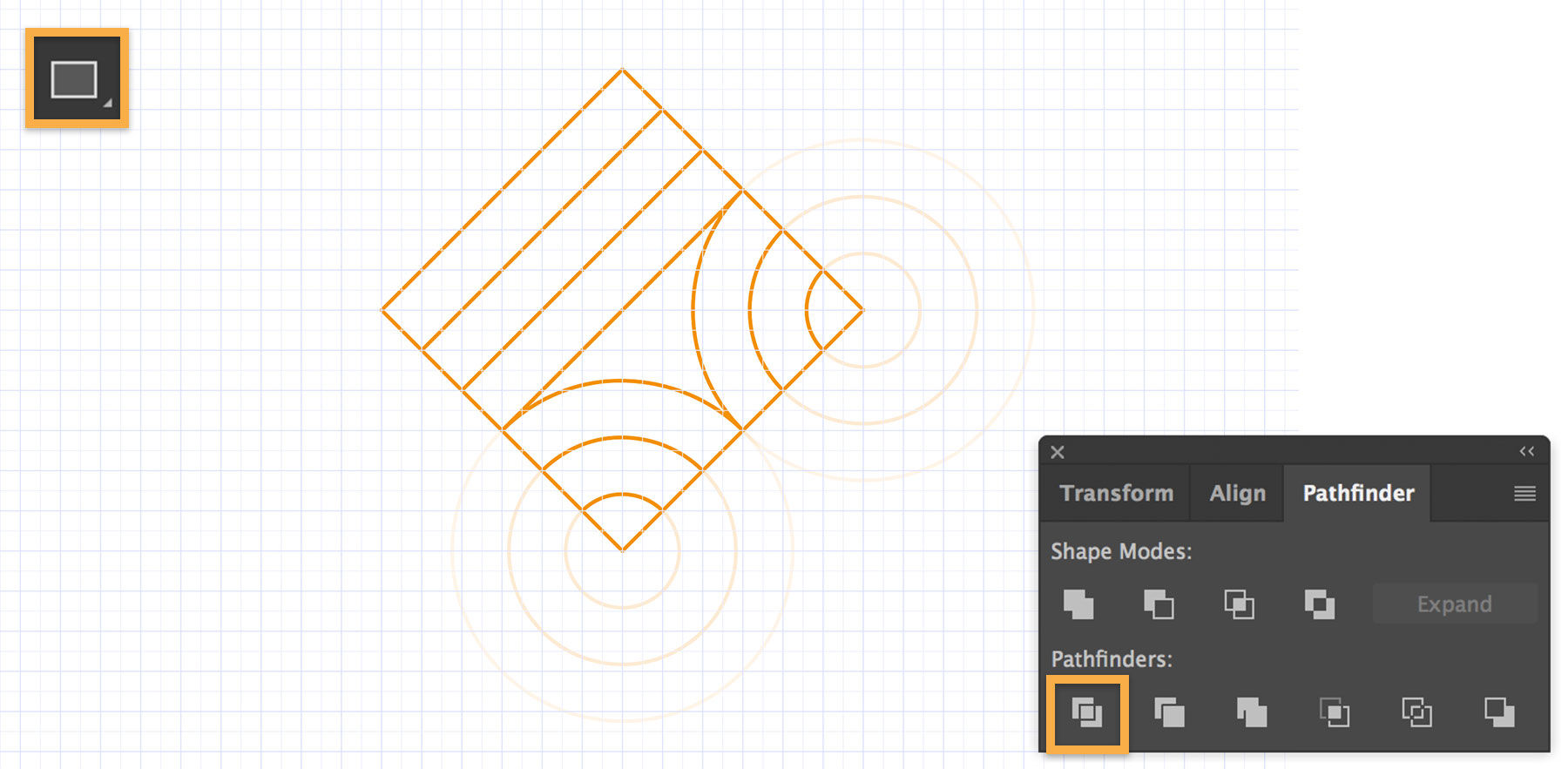 Pathfinders tool used to trim circular pattern overlapping edges of a square. Top half of the square has horizontal lines.