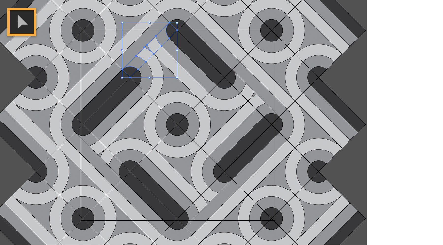 Four-square pattern is duplicated multiple times, creating a larger patterned grayscale image with straight and curved lines