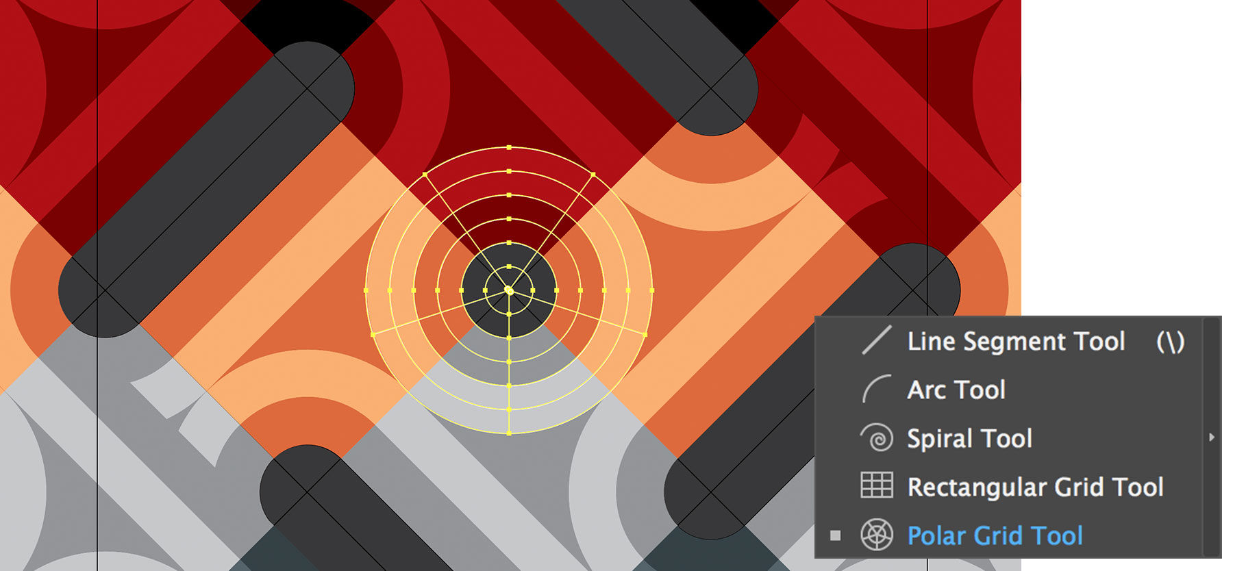 Close-up of the larger image shows the Polar Grid tool being used to divide segments and apply gradients.  