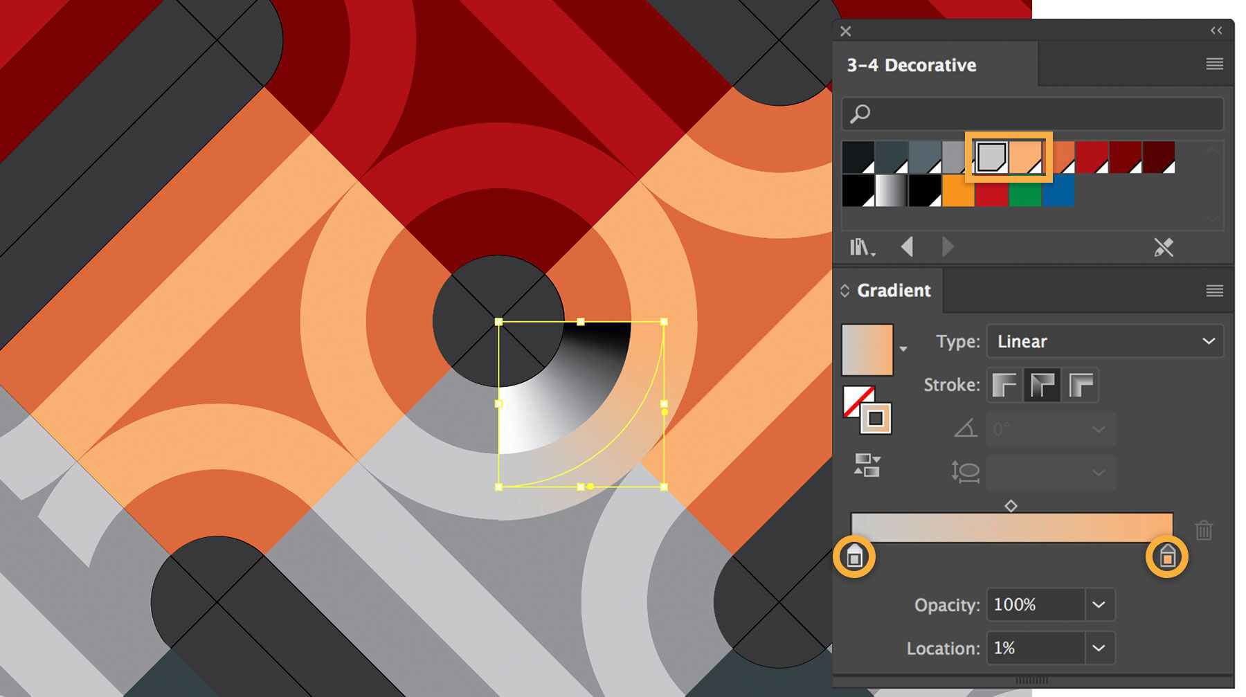 The gradients are changed to reflect the start and end colors of the circles for better blending.