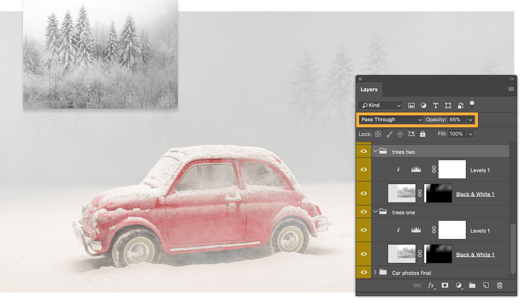 Image preview shows car in snow, Layers panel shows Black & White adjustment layers applied to trees