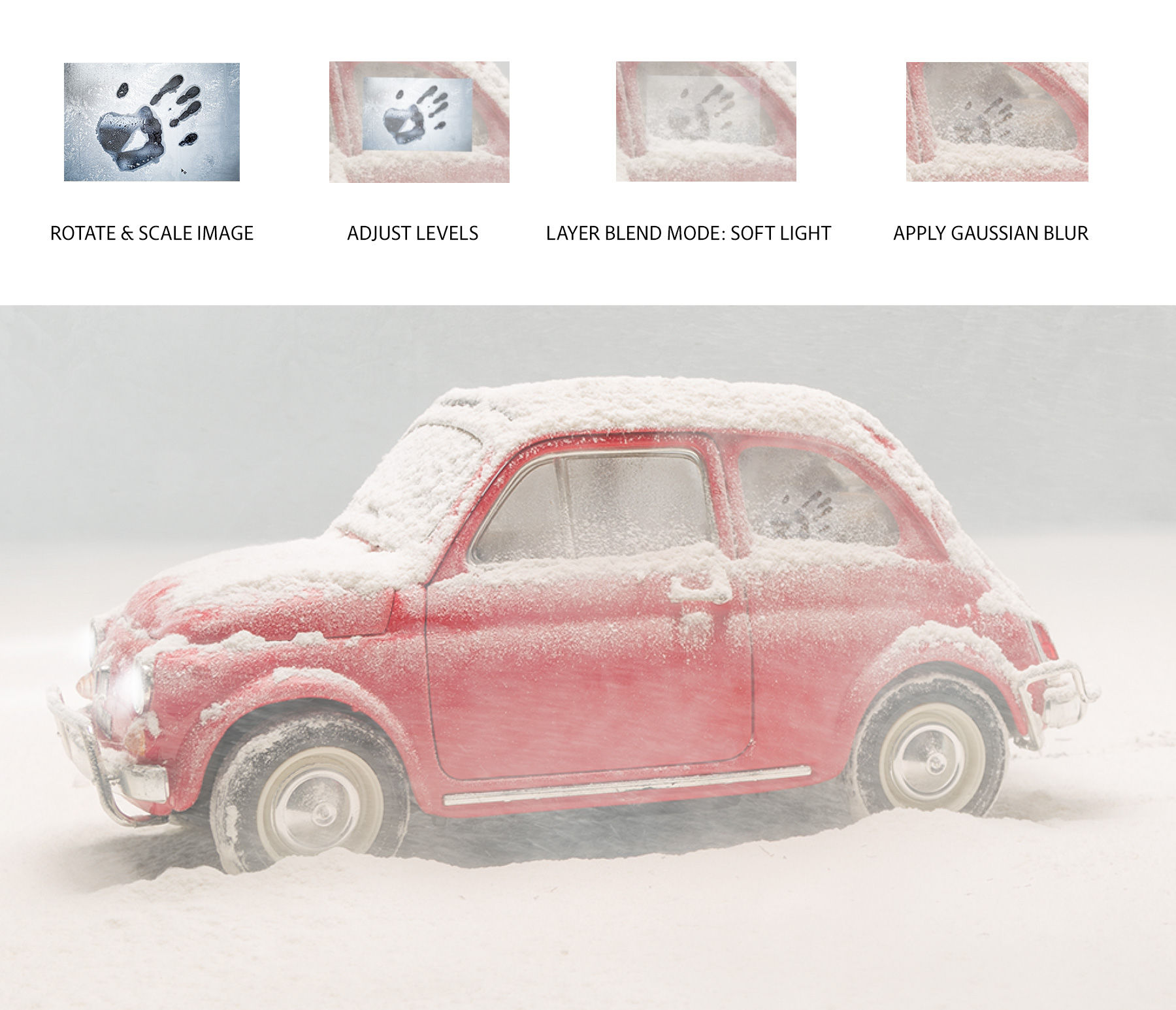 4 stages to add handprint image to car window – rotation, Levels adjustment, ‘Soft Light’ blend mode, Gaussian Blur