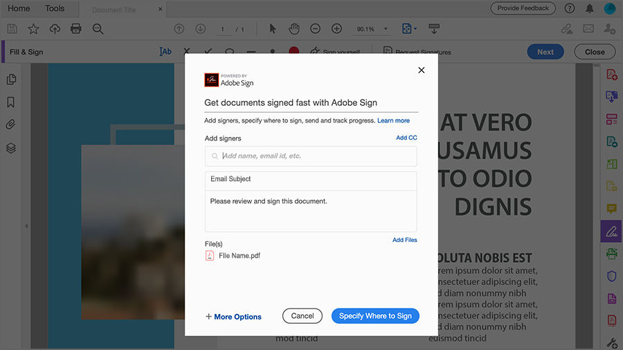 Screenshot example of Adobe Sign dialog box with form fields for adding signers, document title and message
