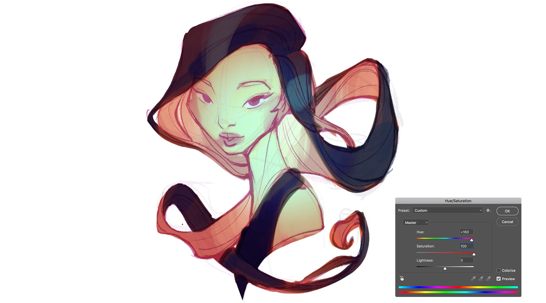 Sketch has shades of brown in hair, light beige and peach-colored tones throughout the face, Hue/Saturation panel on right