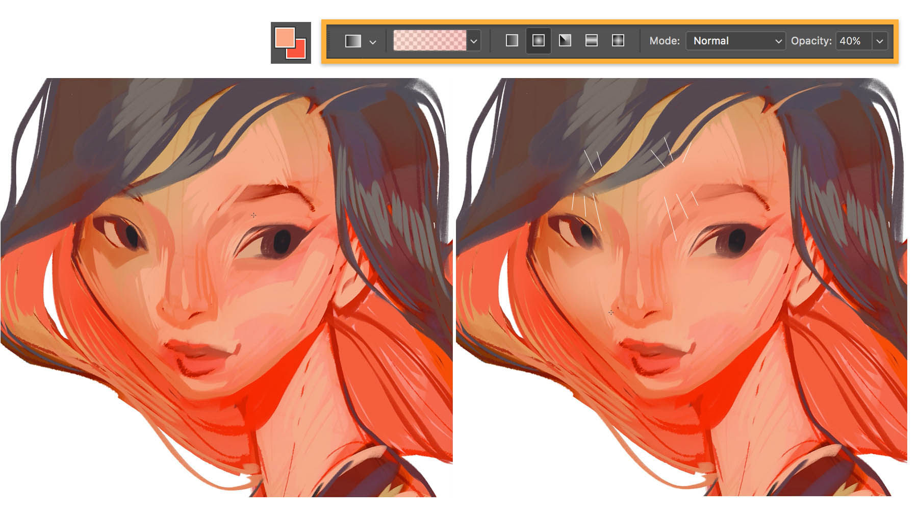 Top: gradient settings with peach and orange; Left: Closeup of woman’s face; Right: Additional accent marks on the forehead
