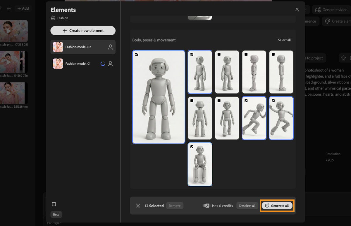 New Element panel shows options to select and generate charater head expressions and body poses.
