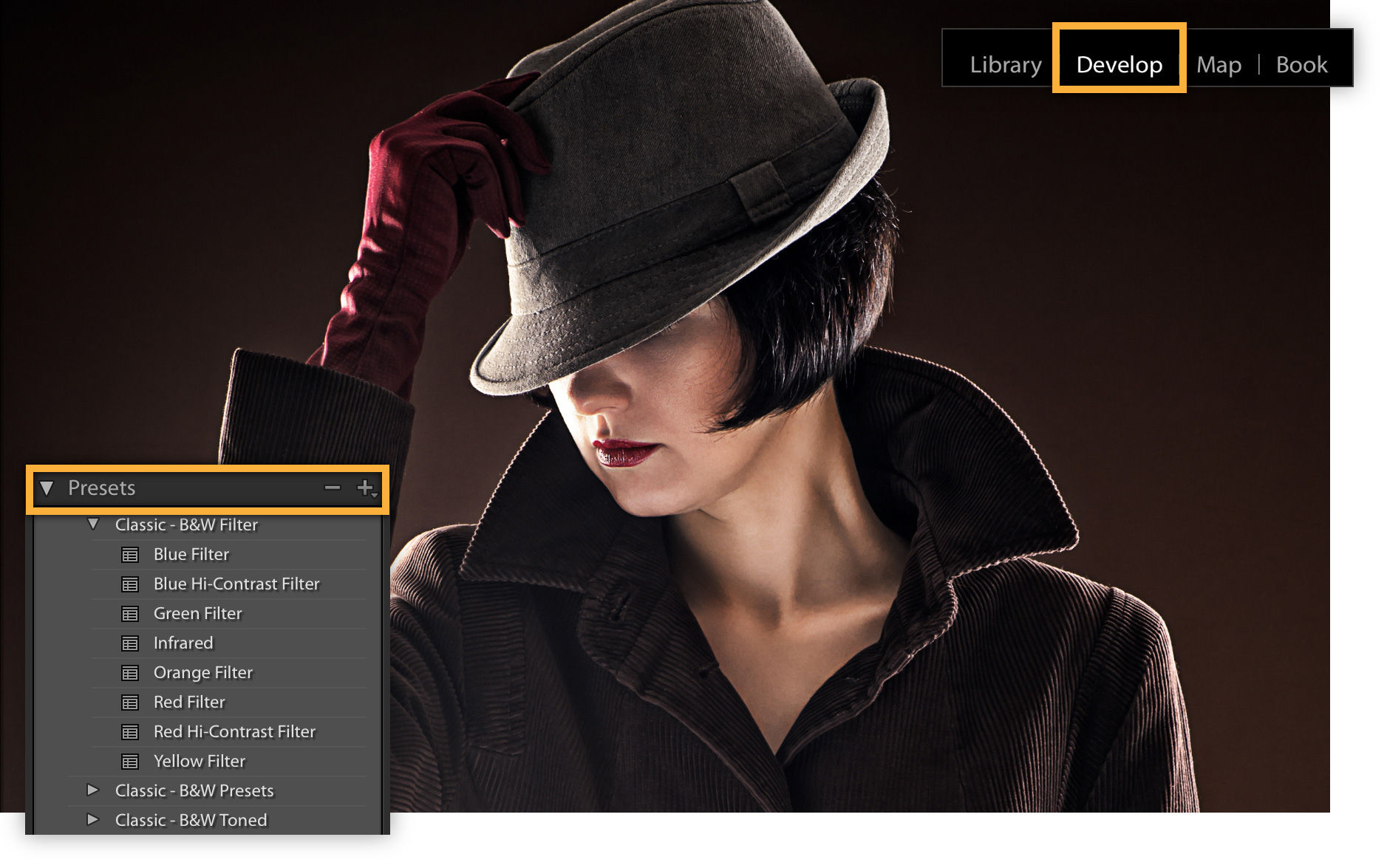 Original poster image featuring woman is in color. Develop module, Presets panel in Lightroom Classic is highlighted.