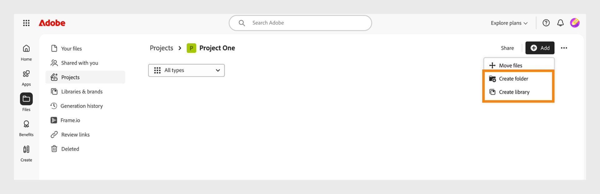 Adobe web interface showing the Projects view with the option to add and organize files by creating folders or libraries.