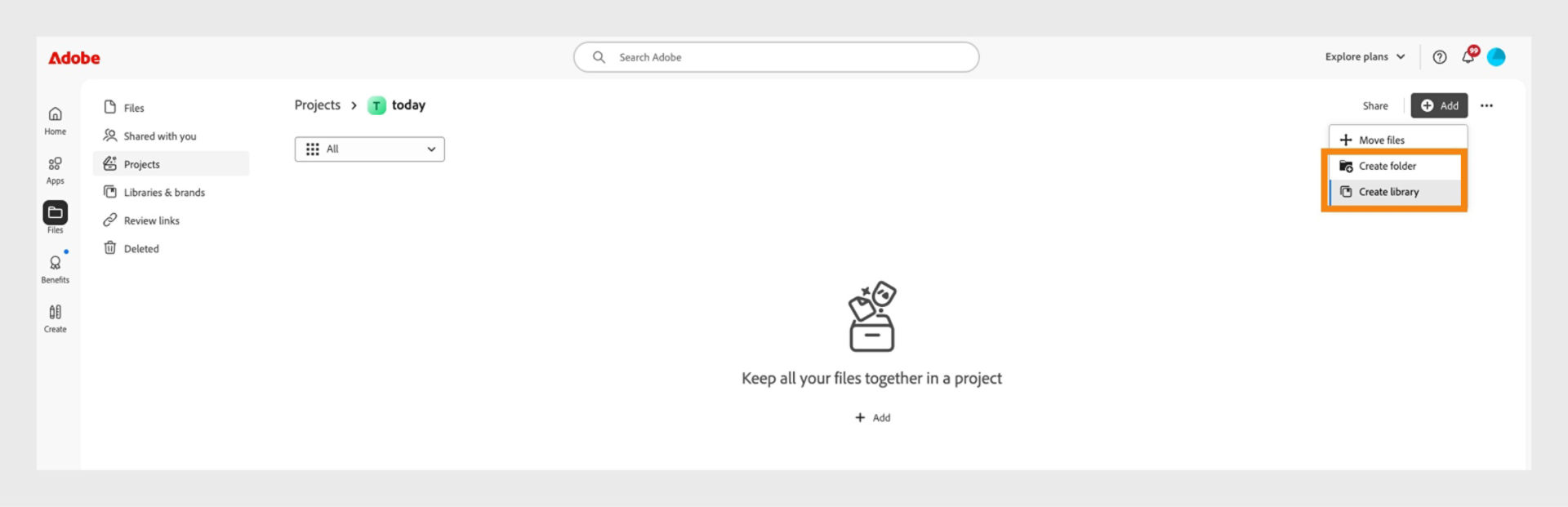 Adobe-webinterface met de weergave Projecten en de optie om bestanden toe te voegen en te ordenen door mappen of bibliotheken te maken.