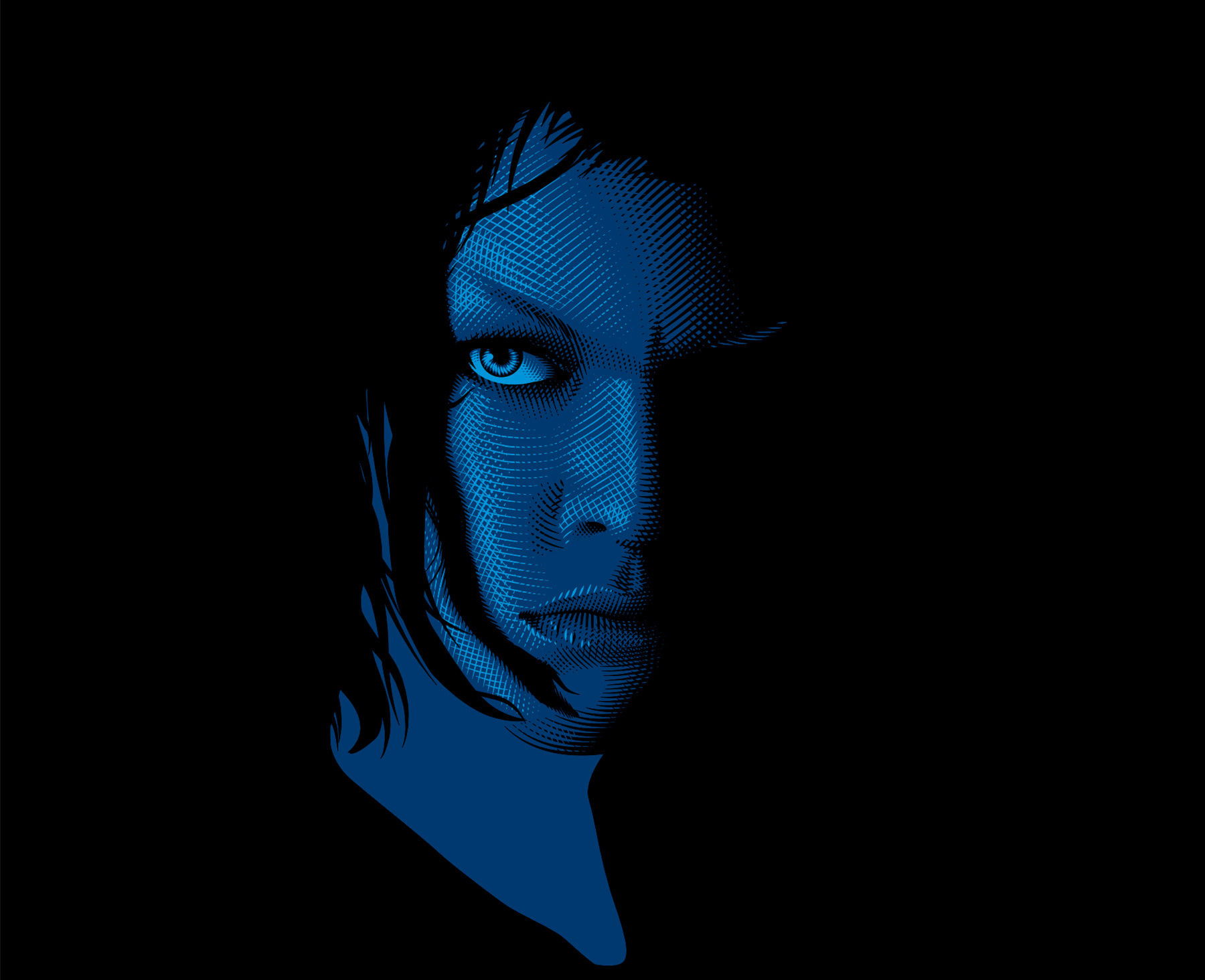 Man’s portrait in light blue, blue, and black. Crosshatching is used to show shadows and light, and add depth. 