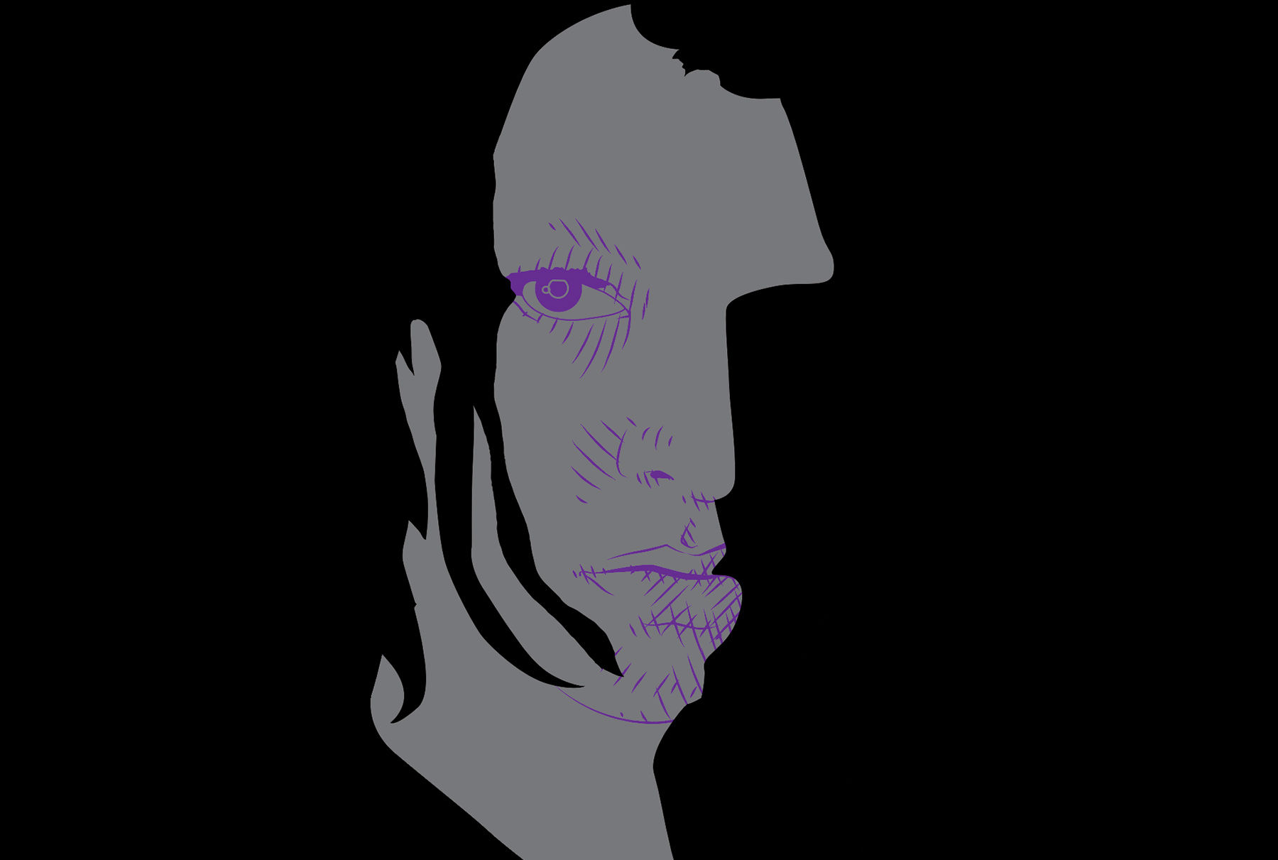 Sketch of man’s face in solid gray on black background. Man’s facial features are drawn with light purple hashmarks. 