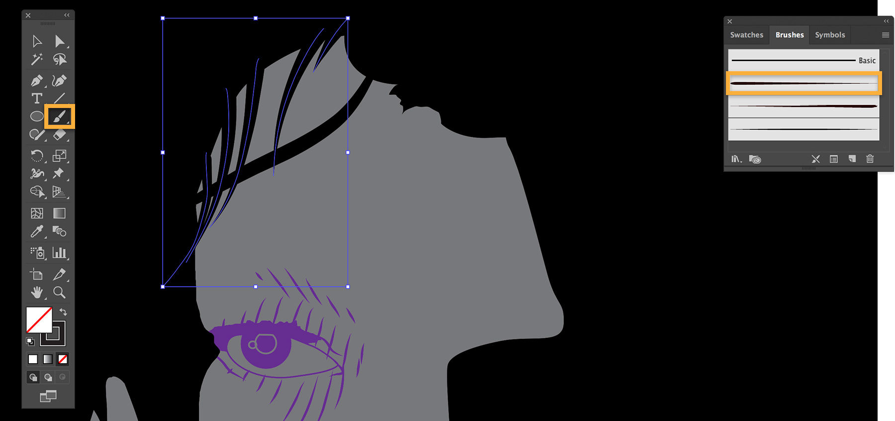 Close-up of the man’s eye and forehead show strands of hair drawn with freehand vector graphics.  