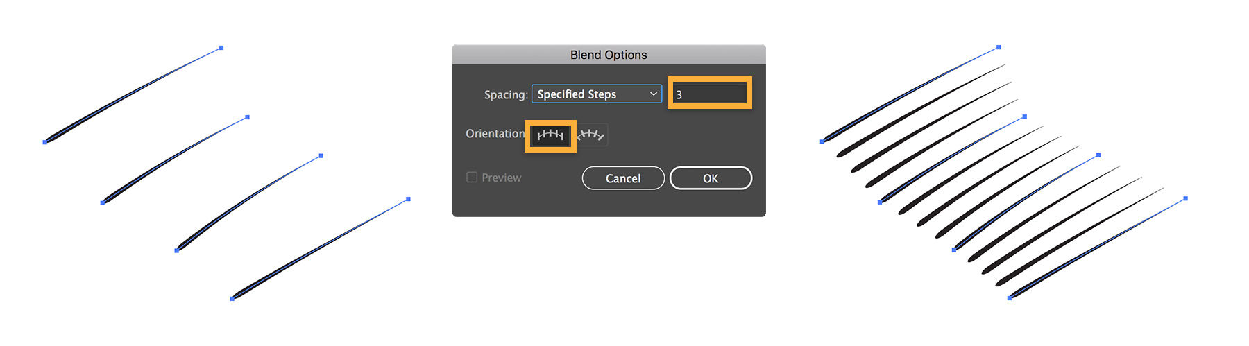 Crosshatching effect is achieved by drawing parallel lines and duplicating them with the Blend tool.  