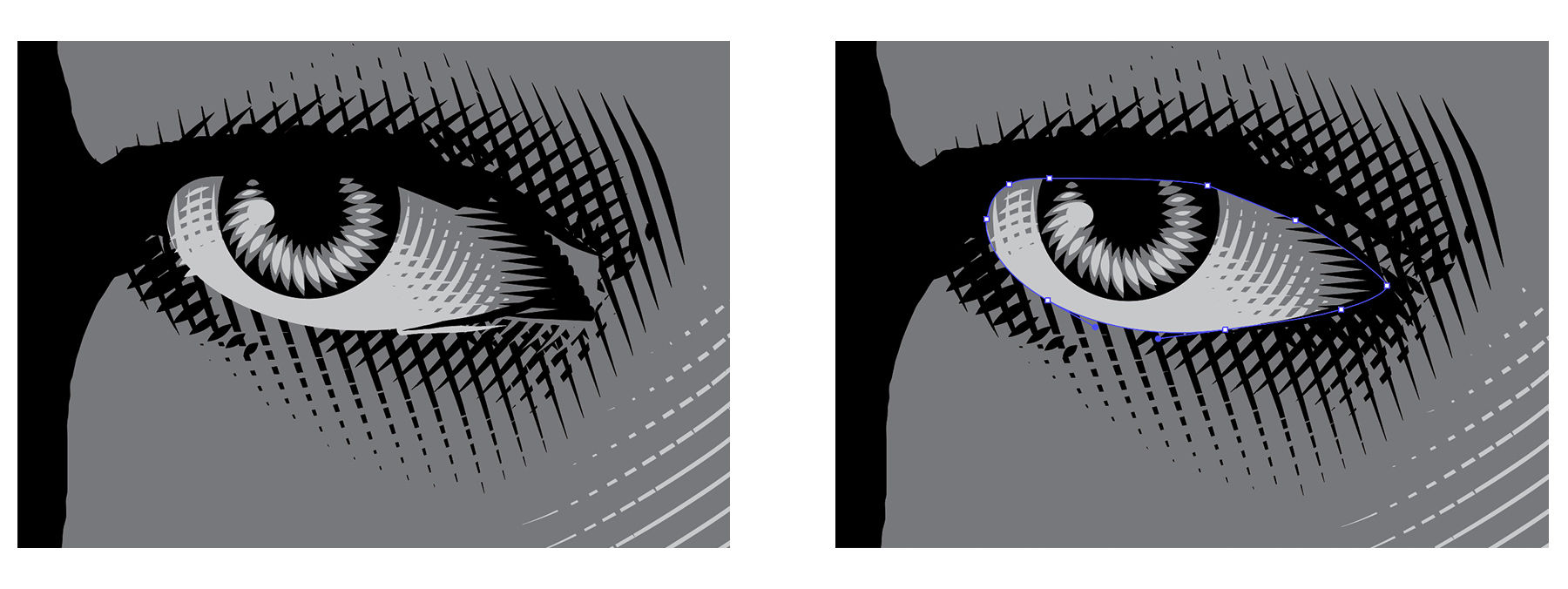 Close-up of the man’s eye shows clipping masks used to constrain areas of shading. 