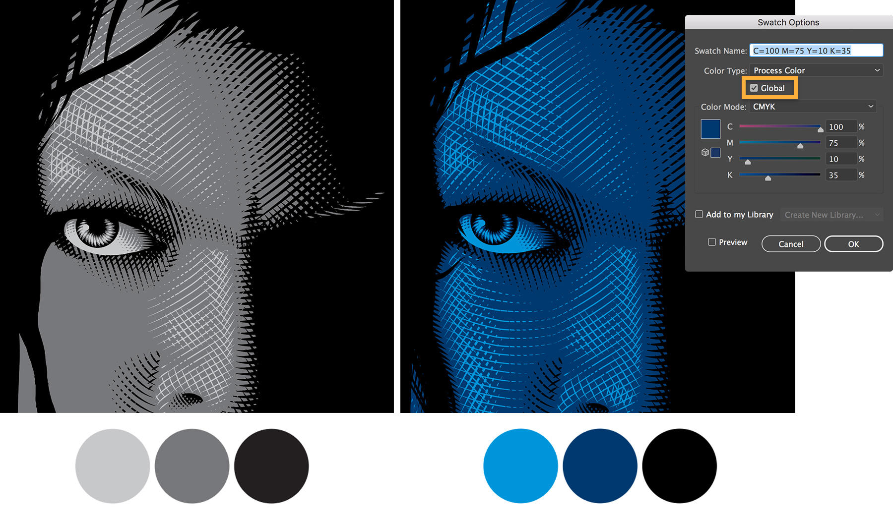 Left: Man’s face is black, white and gray. Right: Man’s face is changed to light blue, dark blue and black with global colors