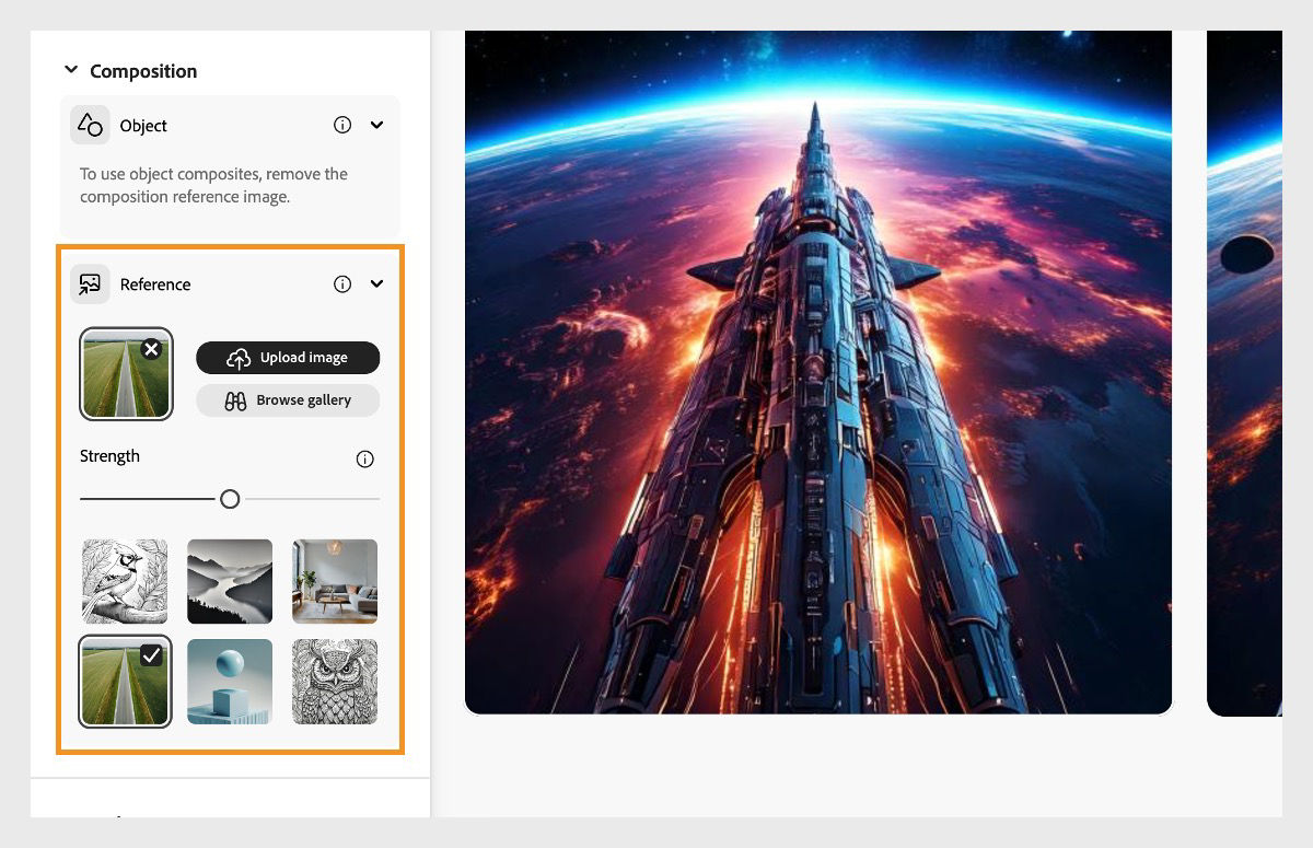 Under the Composition section, a reference image is uploaded, and the strength bar is also configured to influence the generated image variations.