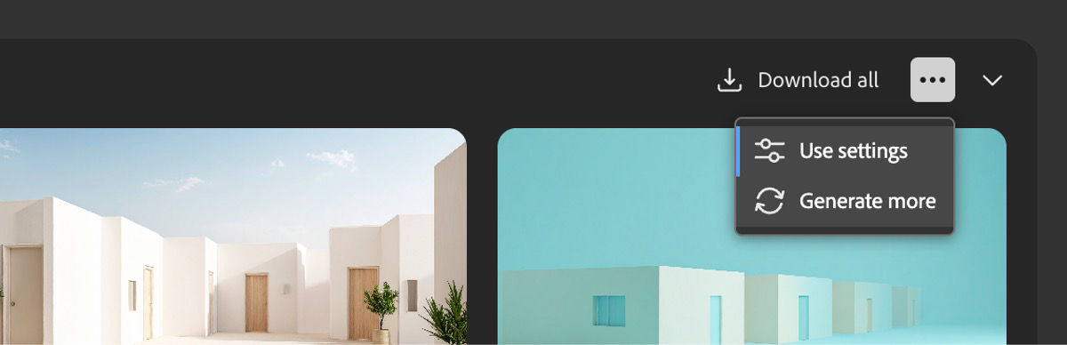 In the list view, the menu is open, allowing you to use settings to generate another set of image variations and rerun the process to create new variations with the same prompt and settings.