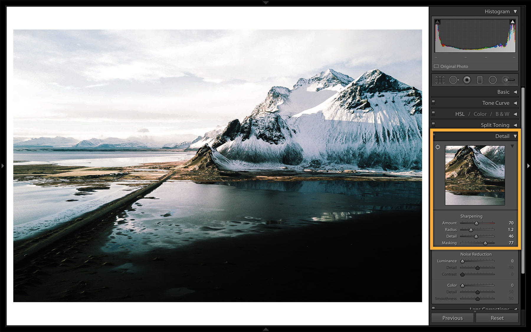 The Sharpening settings are adjusted to bring out more detail in the photograph. 