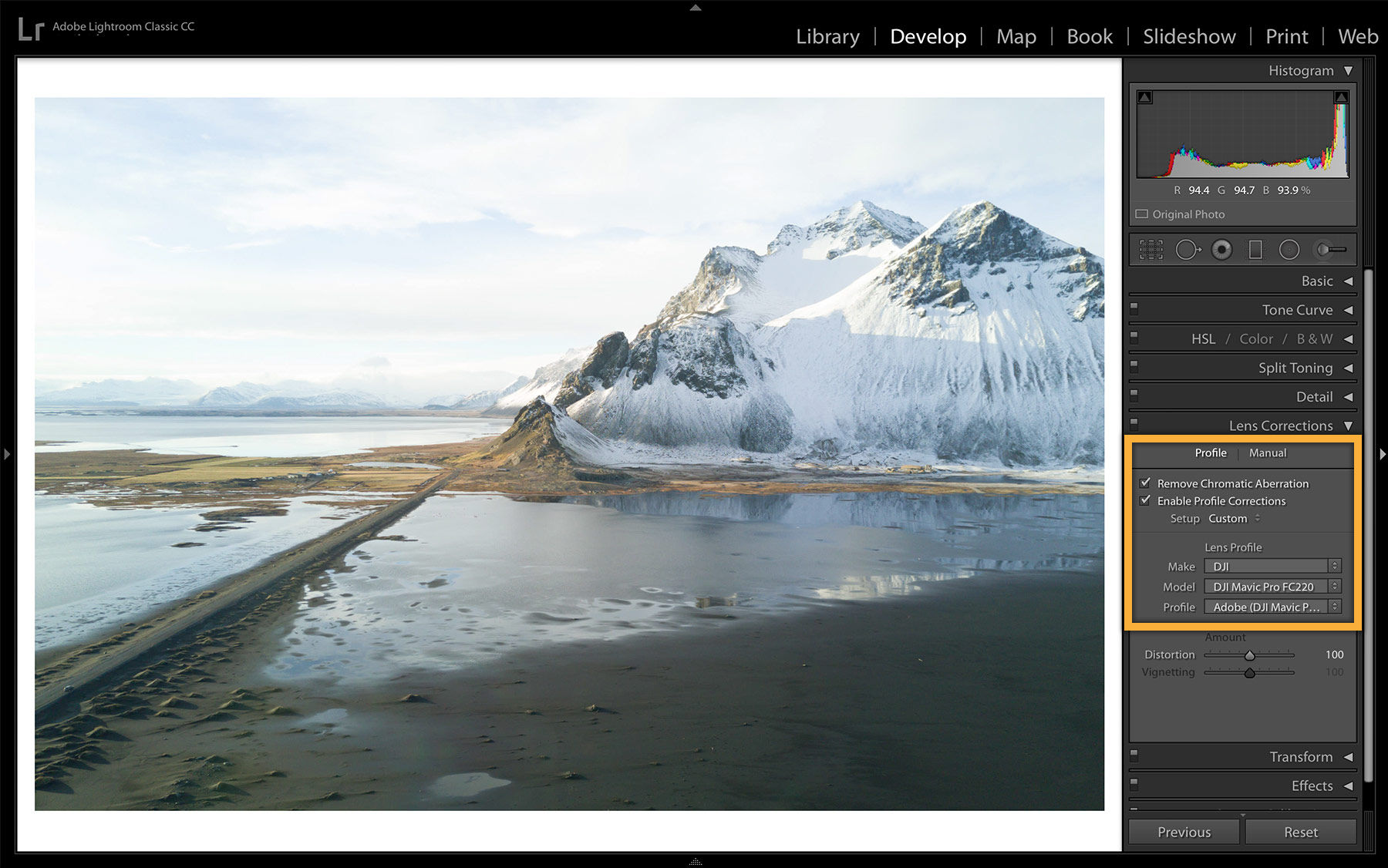 Lens Corrections filters are applied to remove color fringe and fix distortions around the edges.