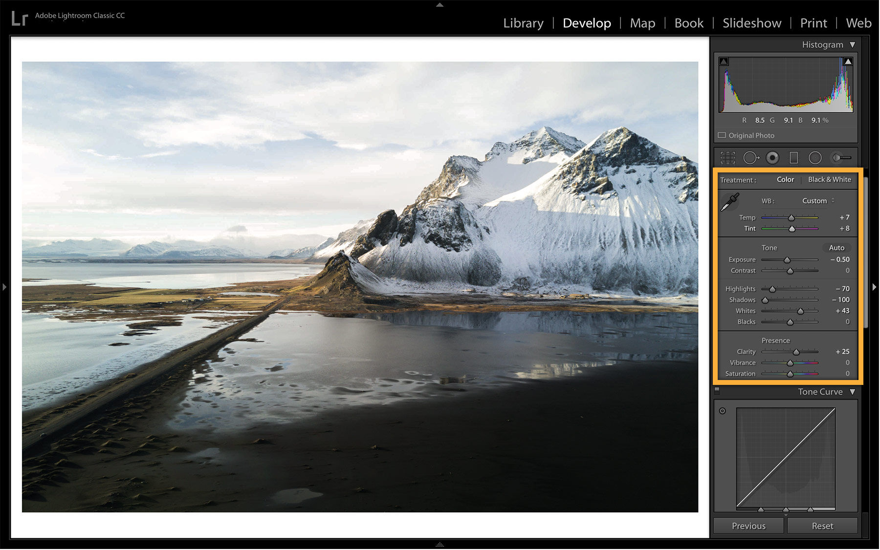Exposure, highlights, and shadows are decreased to create a photo more closely resembling the natural scene. 