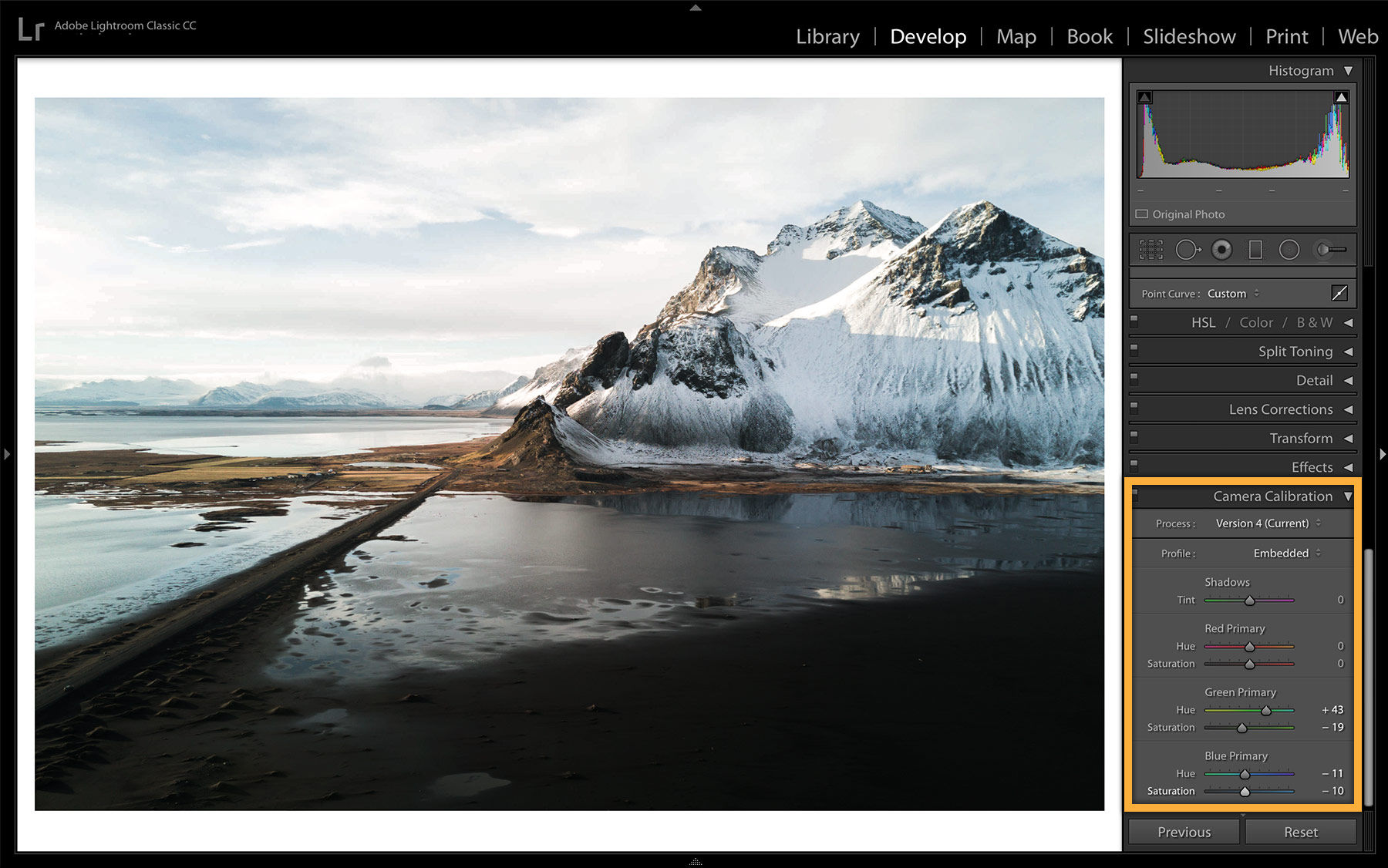 Colors are adjusted in the shadows tint, as well as hue and saturation throughout the photo. 