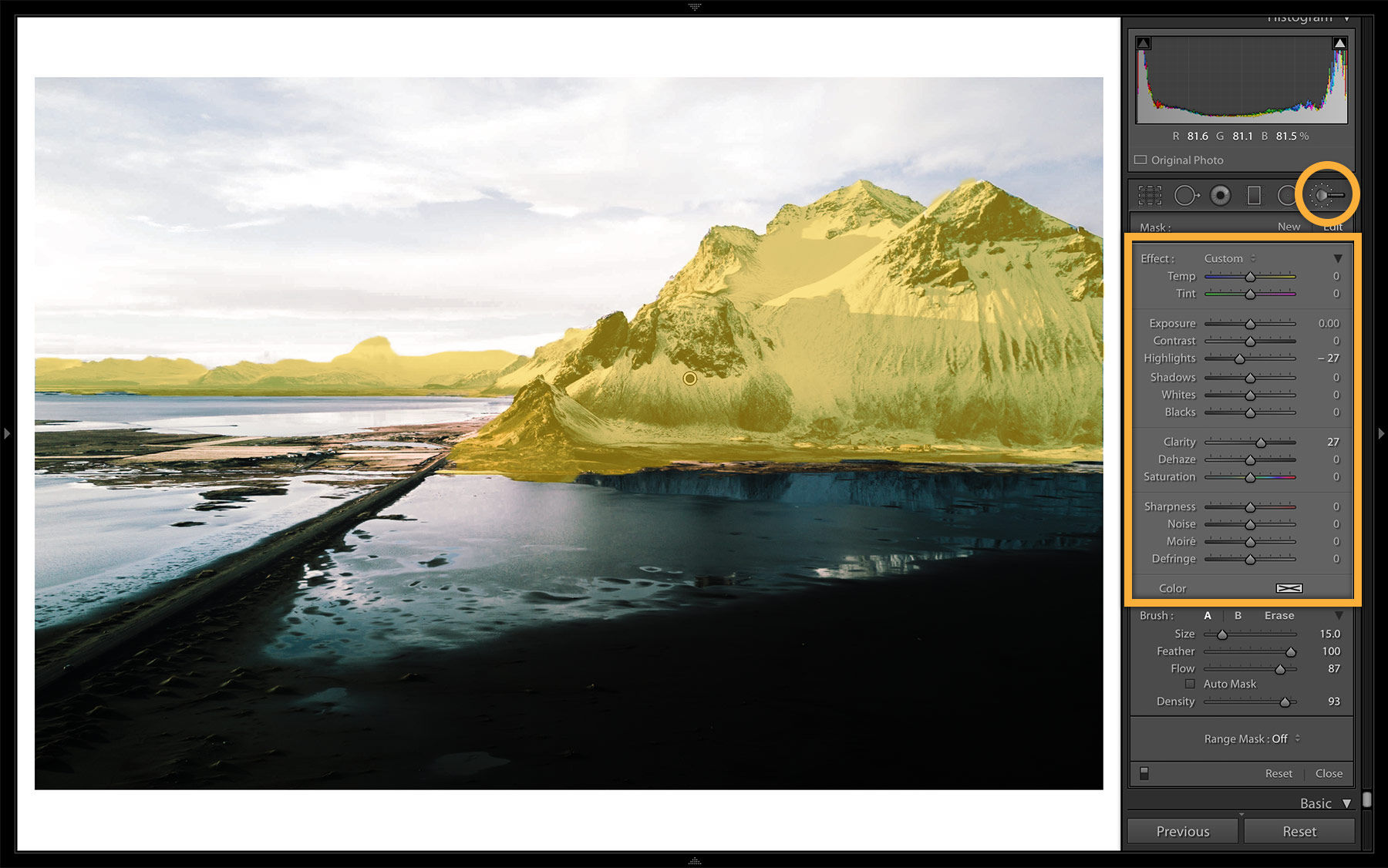 The Adjustment Brush is applied to the mountains to increase clarity and decrease highlights.