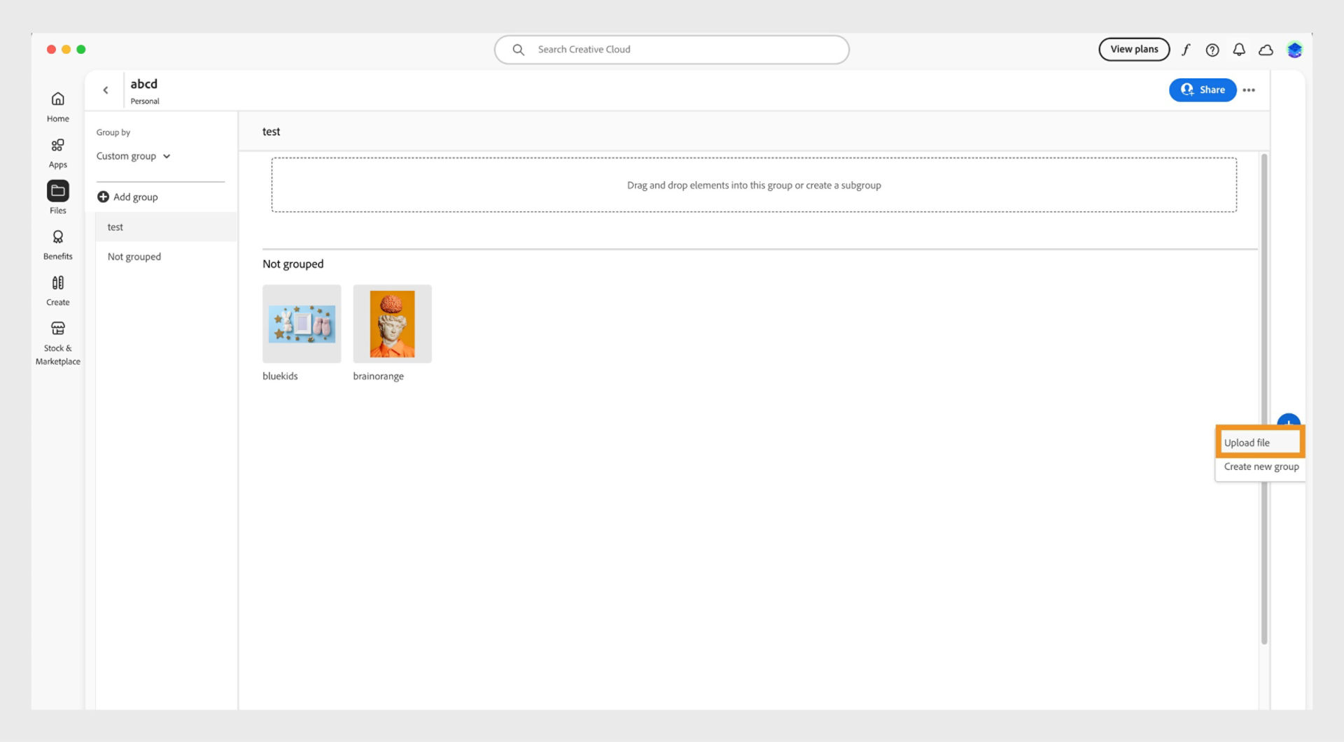 The plus icon, that appears in the right end of the library window in the Creative Cloud desktop app, provides the option to upload a file directly to the library. 