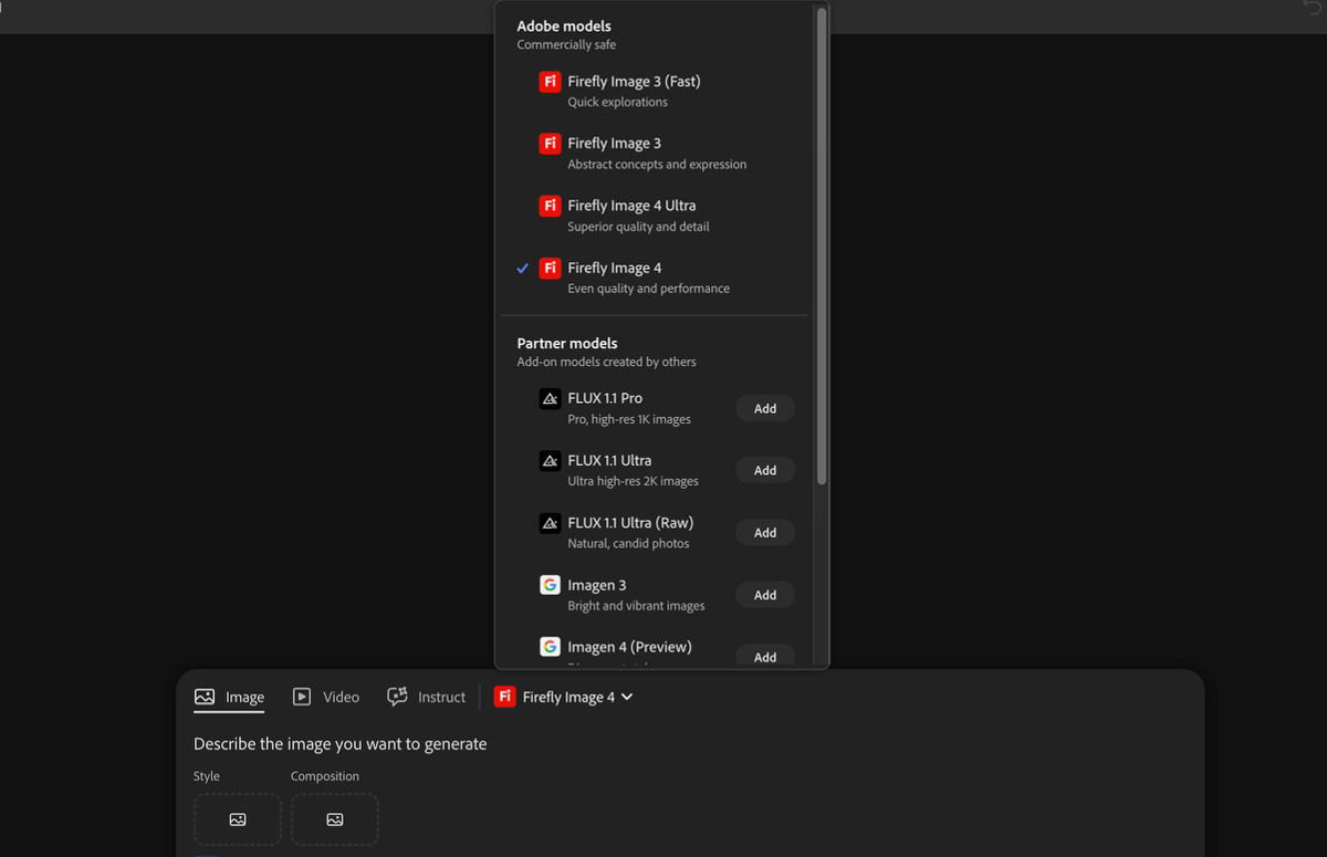 The Image Model dropdown menu is open, allowing selection between Firefly and Non-Firefly models, and setting the aspect ratio for generated images.