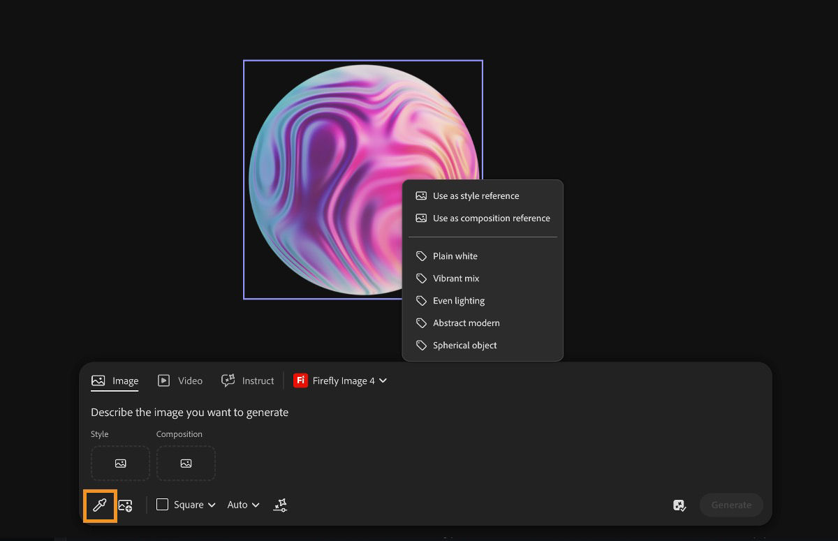The sample from the canvas is selected, and an image in the canvas is chosen. There are options to use it as a reference for style and composition, and even to use the extracted sub-prompts