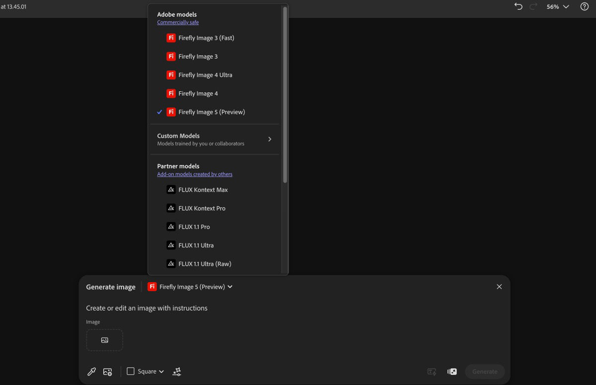 The Image Model dropdown menu is open, allowing selection between Firefly and Non-Firefly models, and setting the aspect ratio for generated images.