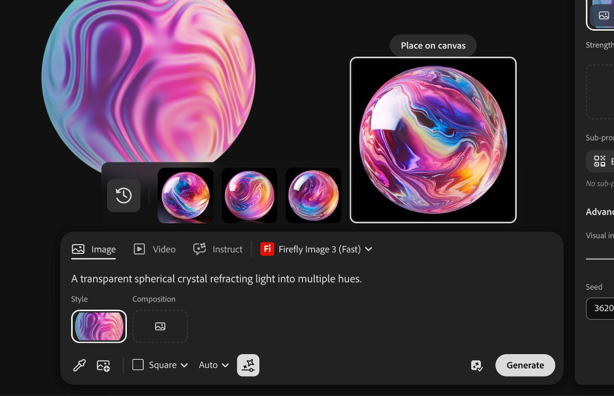The generated image variations are listed, and one is selected to add to the canvas.
