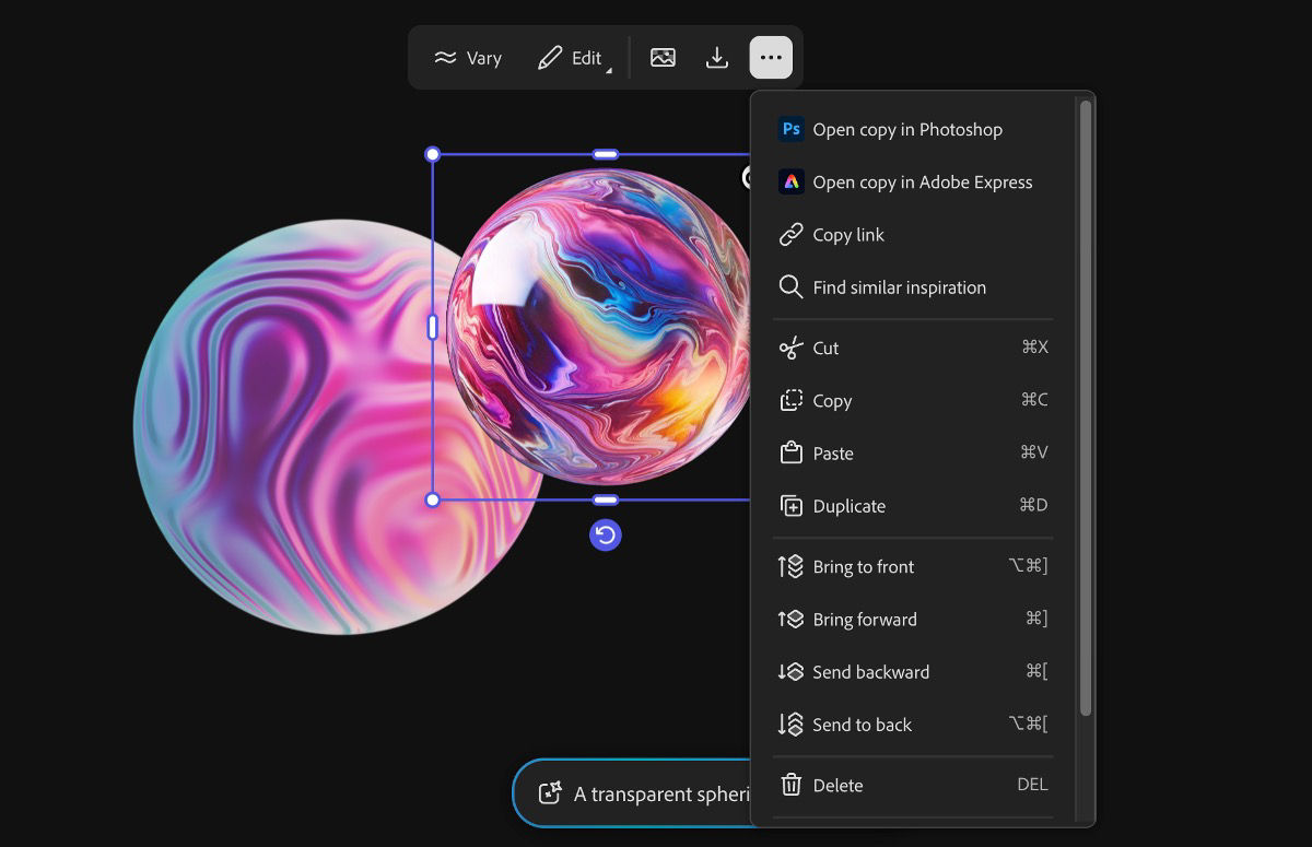 An image is selected in the canvas, and a list of editing and arrangement options are available to choose from.