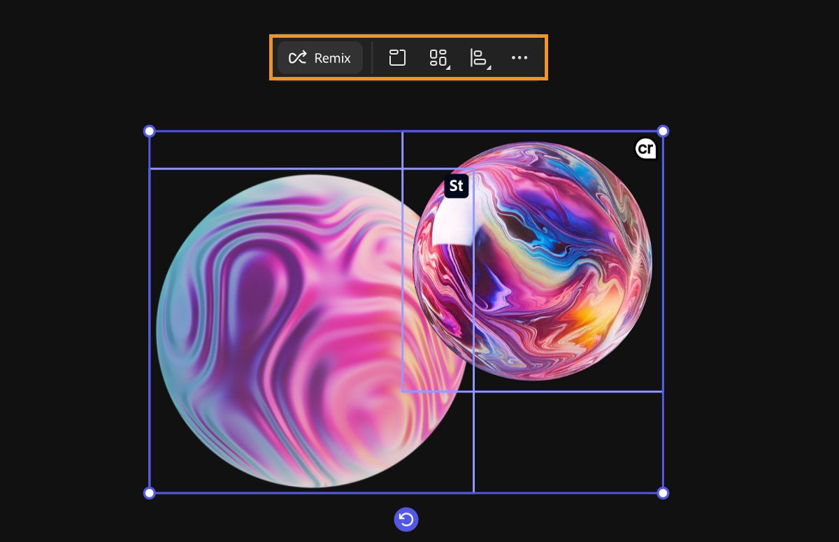 A few images are selected on the canvas, and the Remix option is chosen. The remixed prompt appears in the prompt bar, offering the option to generate image variations.